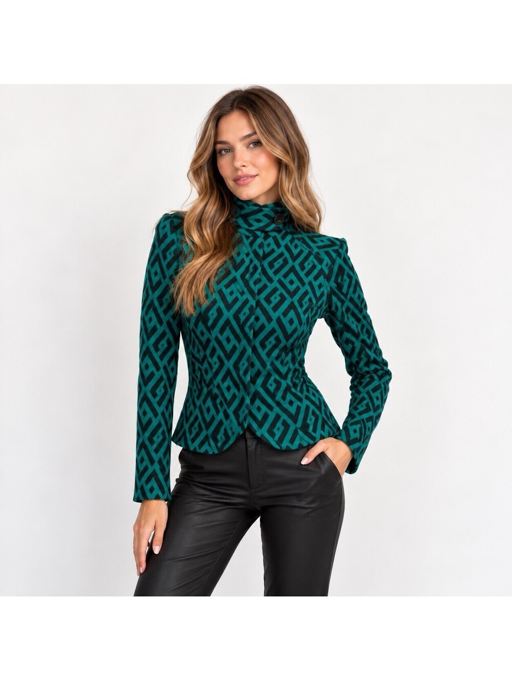 Diane von Furstenberg DVF Miss Valkari Jacket Size 4 Teal Black Wool Geometric